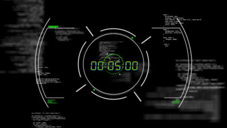 Animation-of-green-digital-timer-changing-with-scope-and-data-processing-on-black-background