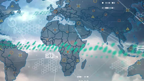 Animación-Del-Mapa-Mundial-Con-Procesamiento-De-Datos-Y-Red-De-Conexiones-Sobre-Un-Cielo-Con-Nubes