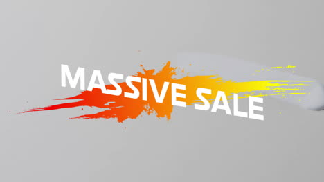 Animation-of-massive-sale-text-in-white-over-orange-shapes-and-paint-splash-on-grey-background
