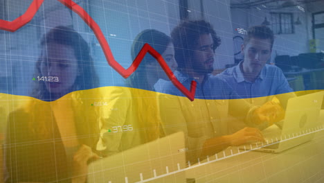 Animation-of-data-processing,-flag-of-ukraine-over-diverse-business-people-using-laptop
