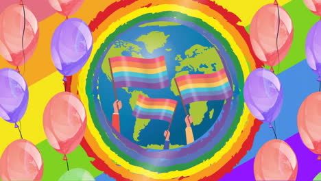 Animation-of-colourful-balloons-and-rainbow-flags-in-circle-on-globe-on-rainbow-background