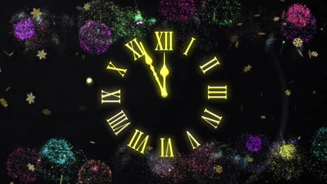 Animation-of-clock-showing-midnight-and-fireworks-exploding-on-black-background