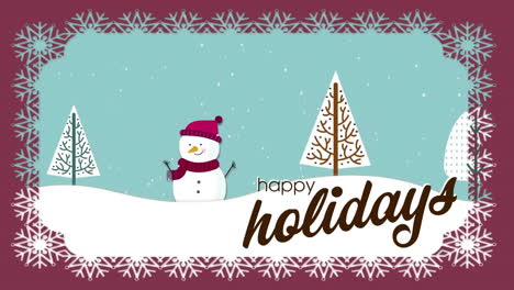 Animation-of-happy-holidays-text-and-snow-falling-over-snowman-in-winter-scenery