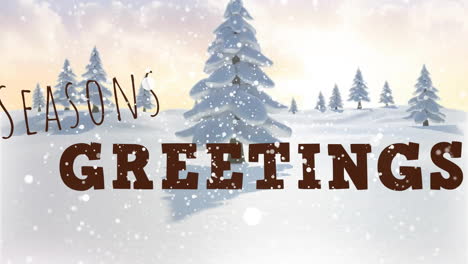 Animation-of-seasons-greetings-text-and-snow-falling-over-winter-scenery