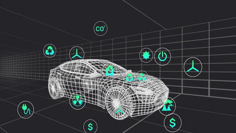 Animation-Nachhaltiger-Symbole-über-Einem-3D-Modell-Eines-Sich-Vor-Schwarzem-Hintergrund-Bewegenden-Autos