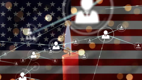 Animation-of-network-of-people-icons-over-flag-of-america,-candle-and-light-spots