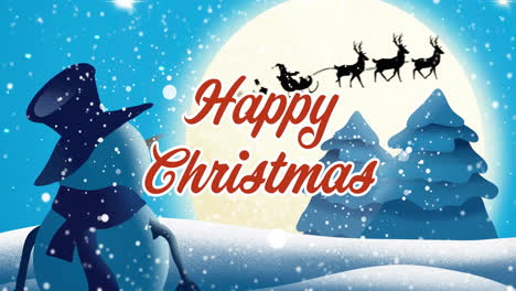 Animation-of-happy-christmas-text-over-snowman,-santa-claus-in-sleigh-in-winter-scenery-background