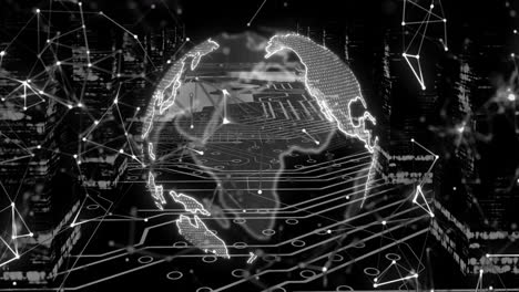 Animation-of-globe-and-data-processing-over-black-background