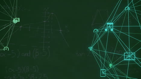 Animation-Eines-Netzwerks-Von-Mediensymbolen-über-Mathematischen-Gleichungen-Auf-Einer-Tafel