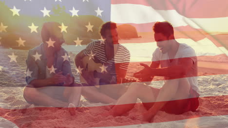 Animation-of-flag-of-usa-over-caucasian-male-friends-on-beach-in-summer