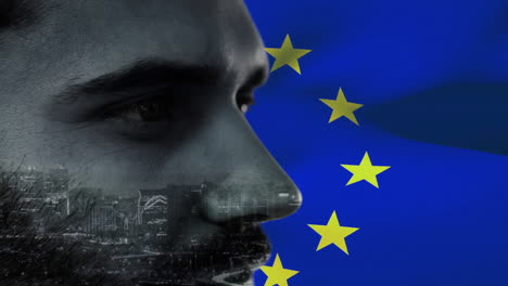 Animation-of-caucasian-man-with-cityscape-over-flag-of-eu