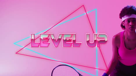Animation-of-level-up-text,-neon-pattern-african-american-female-tennis-player