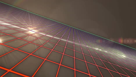 Animation-of-lens-flares-moving-on-grid-pattern-against-abstract-background