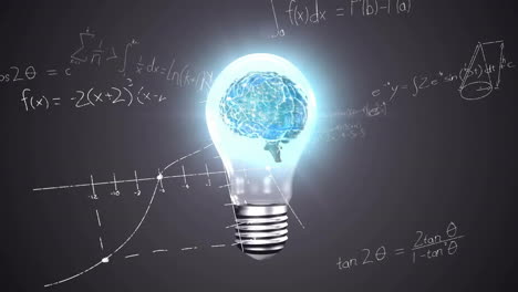 Animation-of-human-brain-in-light-bulb-with-mathematical-data-processing-on-grey-background