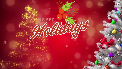 Animation-of-happy-holidays-text-and-snow-falling-over-christmas-tree-on-red-background