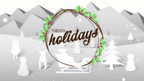 Animation-of-happy-holidays-text-and-snow-falling-over-winter-scenery