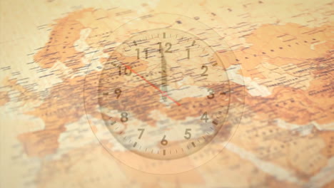 Animation-Einer-Uhr-über-Einer-Weltkarte-Mit-Kompass