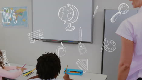Animation-of-school-icons-over-diverse-schoolchildren-in-classroom
