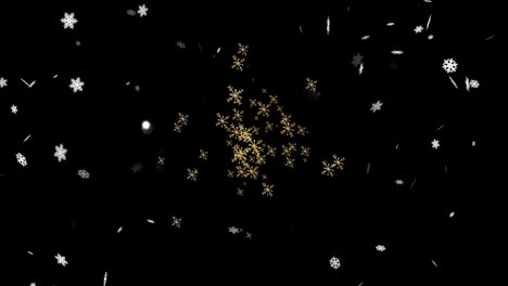 Animation-of-snow-falling-over-glowing-snowflakes-on-black-background-at-christmas