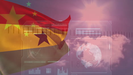 Animation-of-flags-of-ghana-and-china-over-blue-sky-and-charts-processing-data
