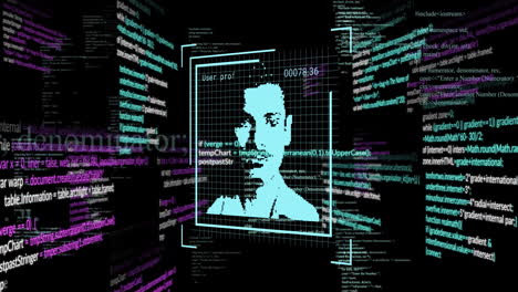 Animation-of-digital-profile-pictures-and-computer-language-over-black-background