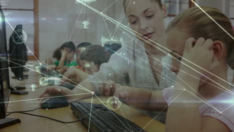 Animation-of-connected-dots-and-graph-icons-over-caucasian-teacher-helping-girl-in-using-computer