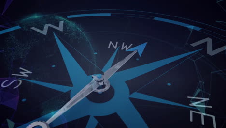 Animation-of-magnetic-needle-on-compass-passing-directions-and-pointing-to-north-over-globe-in-space