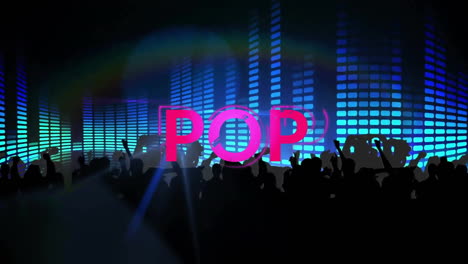 Animation-of-pop-text-over-silhouettes-of-dancing-people-and-flashing-lights-on-black-background