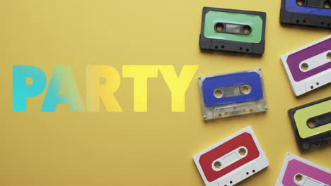 Animation-of-colourful-party-text-over-tapes-on-yellow-background
