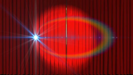 Animation-of-red-curtains-opening-over-gold-mirror-ball-and-lights-on-dark-background