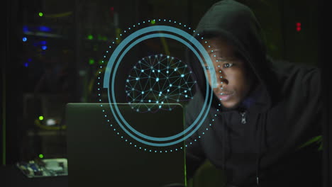 Animation-Der-KI-Datenverarbeitung-Des-Menschlichen-Gehirns-über-Einem-Afroamerikanischen-Mann-Mit-Laptop