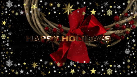 Animation-of-snowflakes,-stars,-baubles-on-frame,-happy-holiday-text,-ribbon-on-cherry-fruit-plant