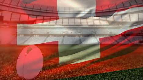 Animation-of-waving-flag-of-switzerland-over-stadium-with-rugby-ball