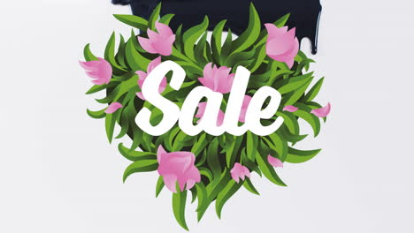 Animation-of-sale-text-in-white-on-pink-flowers-over-dripping-black-paint-on-white