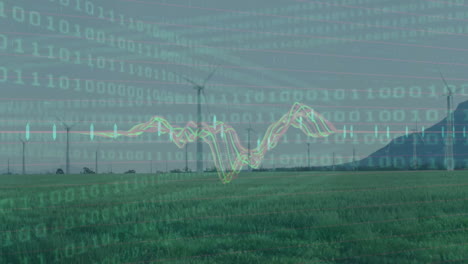 Animation-of-multicolored-graphs,-binary-codes-over-windmills-on-grassy-lands-against-sky