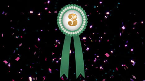 Animation-of-green-and-white-rosette-with-number-3-and-falling-confetti-on-black-background