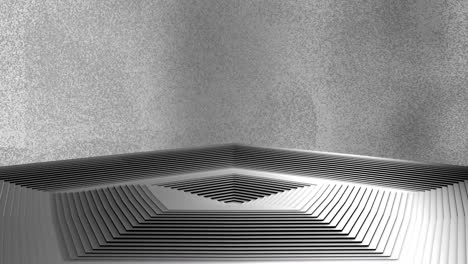 Animation-of-grey-stepped-hexagonal-pyramid-podium-rising-and-falling-on-blurred-background