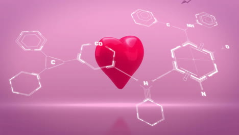 Animation-of-chemical-formula-over-red-heart-on-pink-background