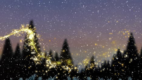 Animation-of-snow-falling-over-light-trail-and-fir-tree-forest