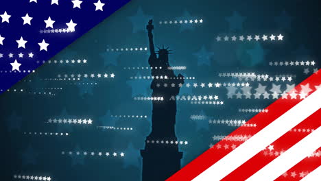 Animation-Der-Sterne-Und-Streifen-Der-Amerikanischen-Flagge-über-Der-Silhouette-Der-Freiheitsstatue