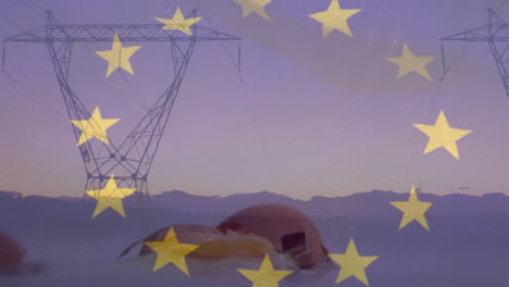 Animation-of-flag-of-eu-and-broken-piggy-bank-over-electricity-pylons