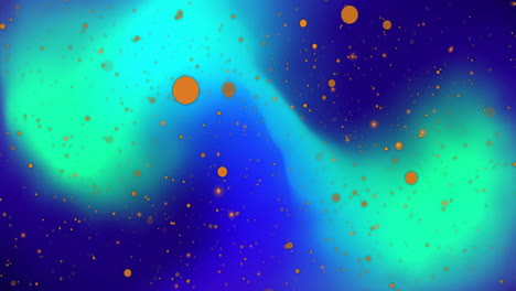 Animation-Von-Orangefarbenen-Kugeln-über-Grünen-Und-Blauen-Lichtern