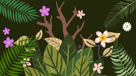 Animation-Von-Bäumen,-Blumen,-Grünen-Und-Gelben-Blättern-Und-Pflanzen,-Die-Sich-Auf-Schwarzem-Hintergrund-Bewegen