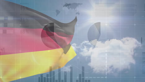 Animation-of-flag-of-germany-over-blue-sky-and-charts-processing-data