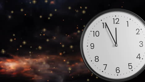 Animation-of-clock-ticking-showing-midnight-with-fireworks-on-black-background