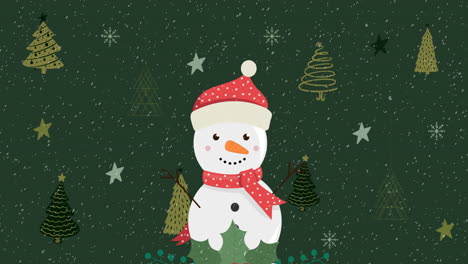 Animation-of-snow-falling-over-christmas-decorations-and-snowman-on-green-background