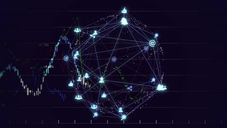 Animation-of-global-communication-network-and-graph-processing-data-on-black-background