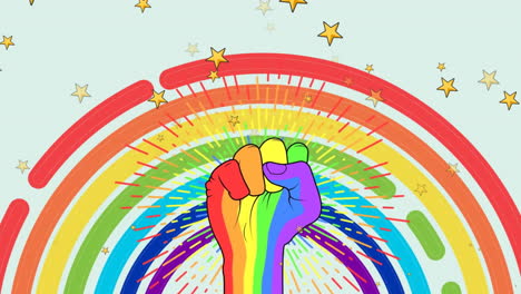 Animation-of-rainbow-color-raised-fist-and-falling-stars-over-illustrative-rainbow