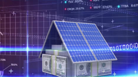 Animación-Del-Procesamiento-De-Datos-Financieros-Sobre-Una-Casa-Con-Paneles-Solares.