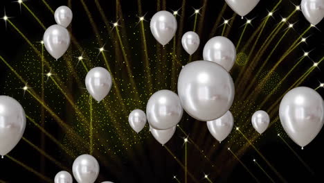 Animation-Von-Feuerwerk-Und-Silbernen-Luftballons-Auf-Schwarzem-Hintergrund